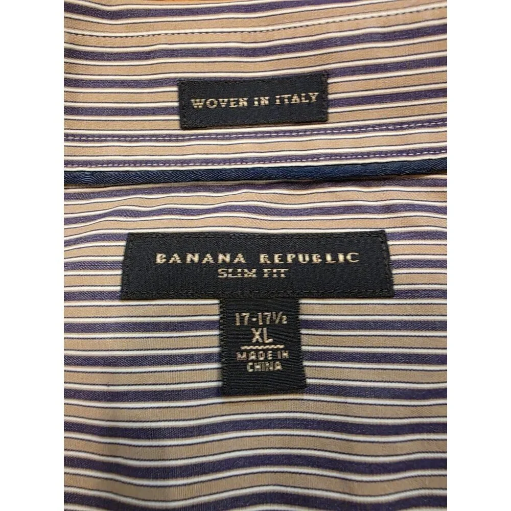 Banana Republic Button‎ Up Shirt Mens XL 17-17.5 Purple Tan Stripes Cotton Slim